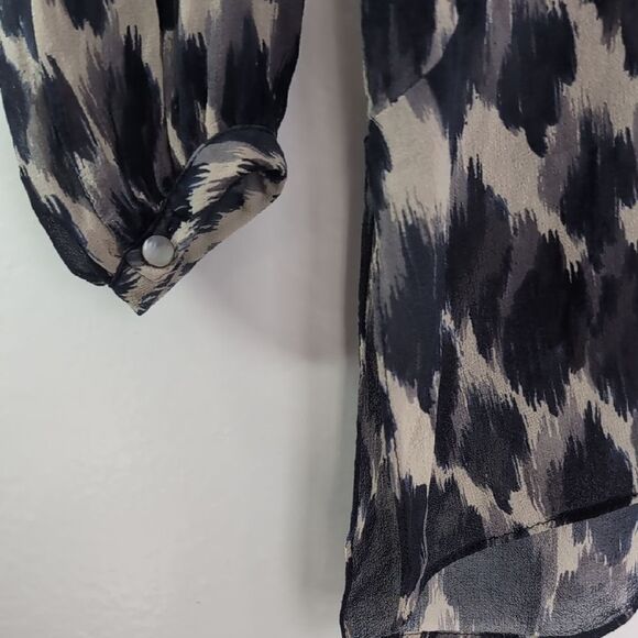 Club Monaco Women's Navy Blue Sheer 100% Silk Abstract Tie Neck Tunic Blouse - Picture 8 of 8